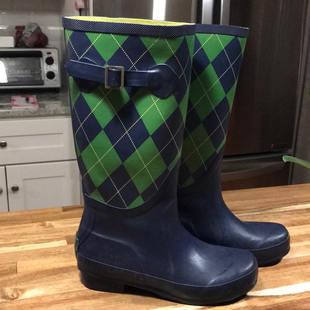 L.L. Bean blue and green rain boots.